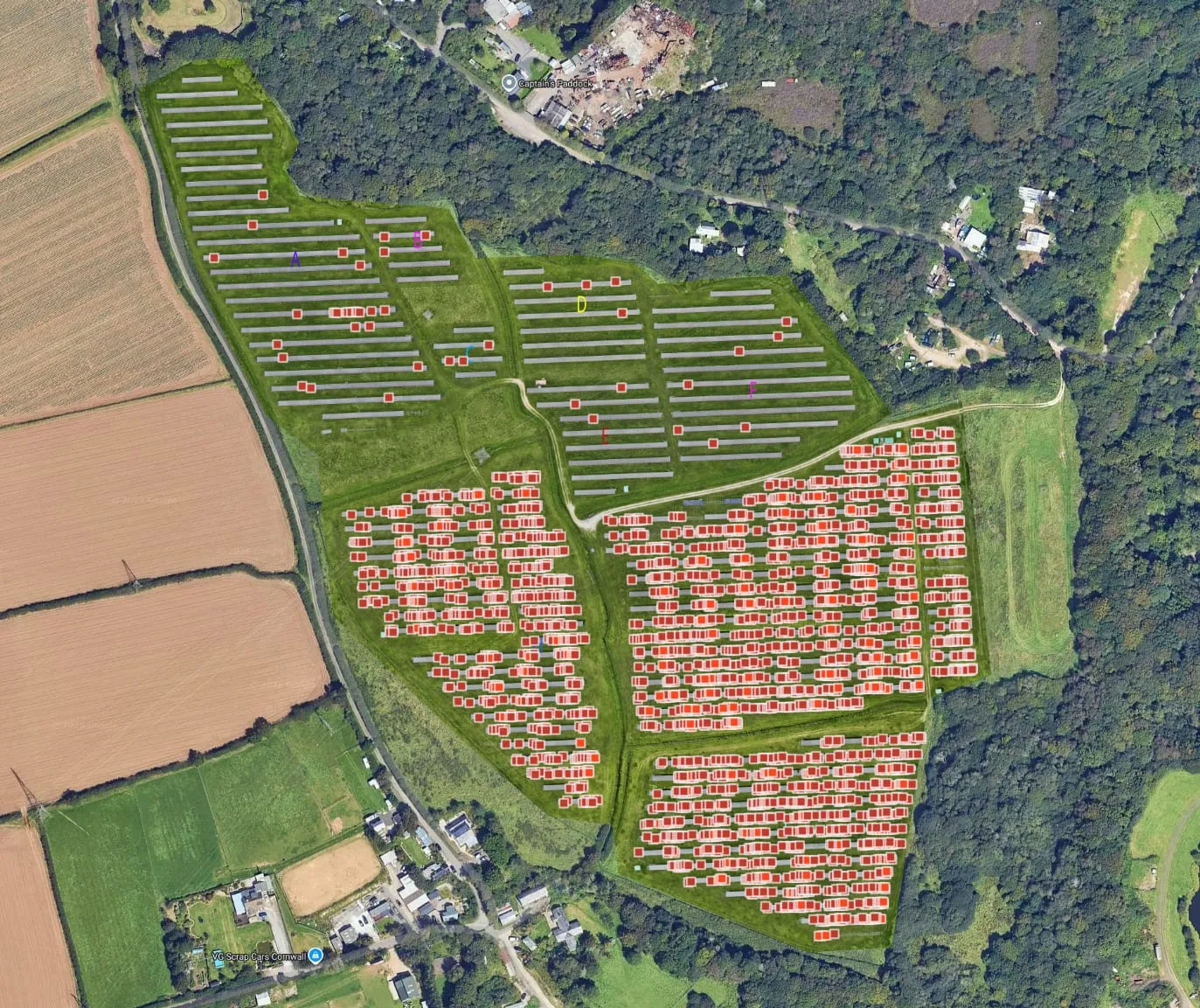 Wide view of delamination incidence map across the entire solar farm showing clustered fault distribution