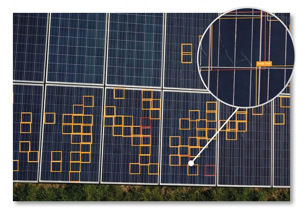 High-resolution visual inspection of solar panel showing defect detail