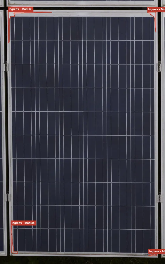 Inspection findings map showing water ingress distribution across solar farm